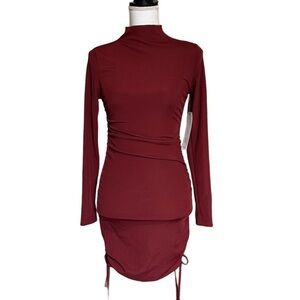 Almost Famous Side Drawstring Mock‎ Neck Bodycon Dress SZ Medium Red Fall NEW